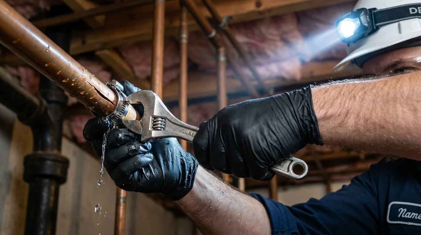 Emergency pipe clamp repair being performed by a Johns Plumbing LLC plumber in Saluda
